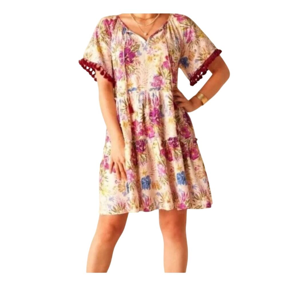 Matilda Jane Large Enchanted Garden Dress Aloha Palm Floral Short Sleeve Tassels